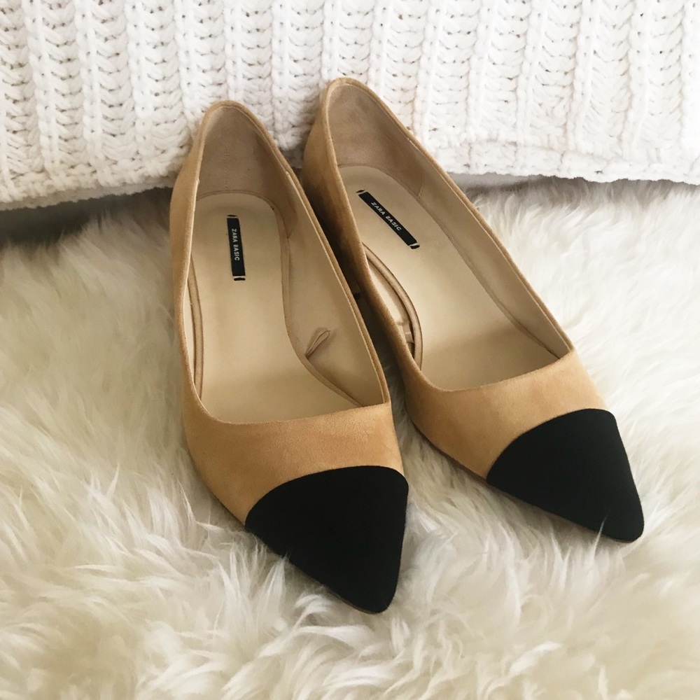 ZARA Black Toe & Tan Suede Block Mid Heel